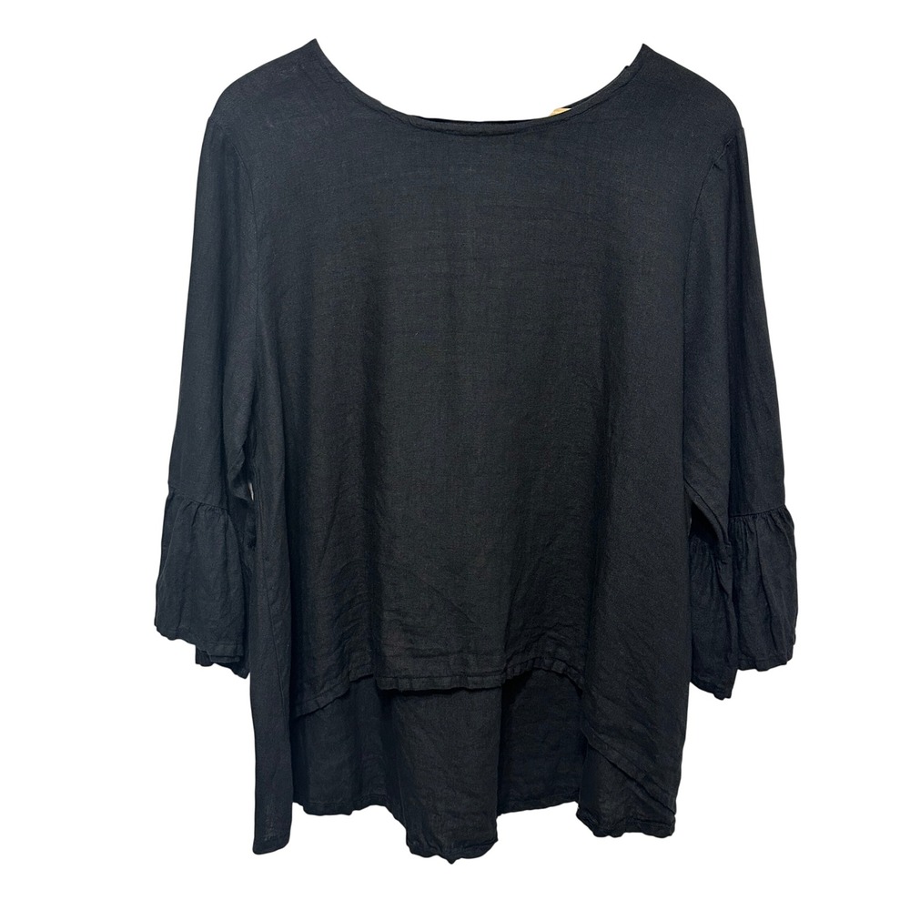 Bryn Walker Linen Bell Sleeve Blouse Women Large Black Ruffle High Low Lagenlook